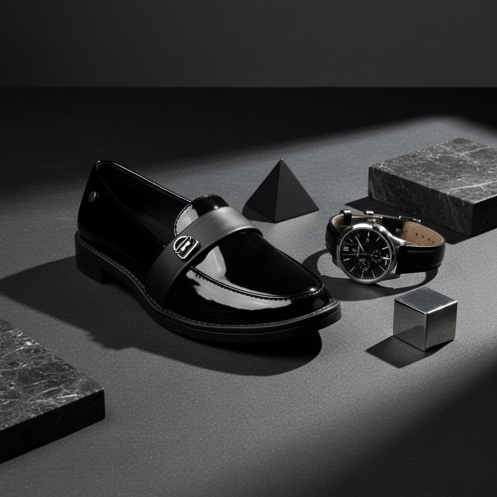 mocasin-charol-negro-hebilla-still-life-editorial-lujo-minimalista