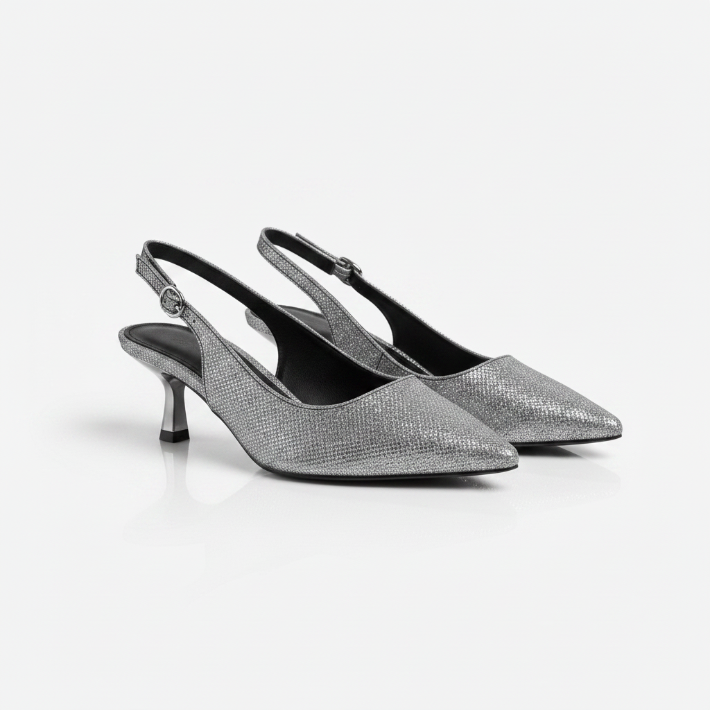 Zapatilla Slingback Kitten Heel Glitter Plateado Punta Fina