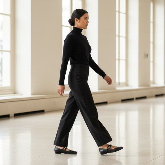 ballerina-mary-jane-doble-correa-negra-dorado-editorial-modelo-caminando
