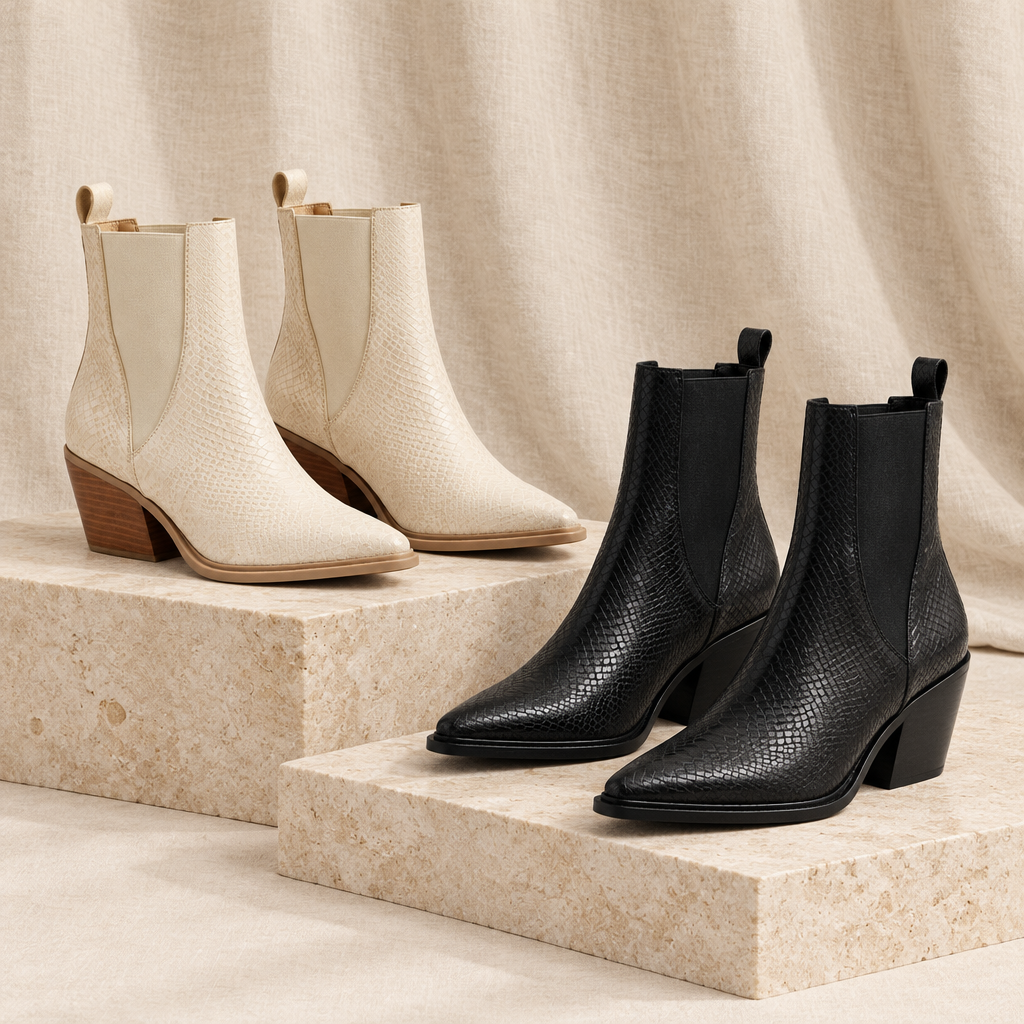 Botines Aloy beige y negros en una composición editorial